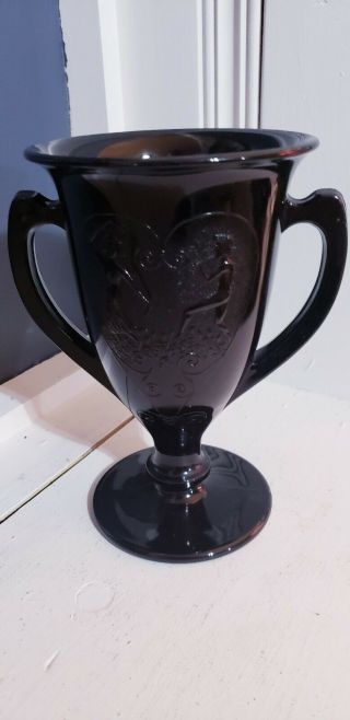 L.  E.  Smith Art Deco Black Glass Loving Cup Dancing Nymphs Trophy 1930s Vase