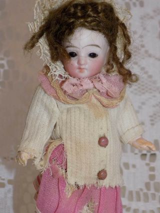 Antique German Doll House Doll Pink Dress Clothes Closed Mouth