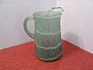 Vintage Mid Century Green Glass White Spaghetti String Pitcher