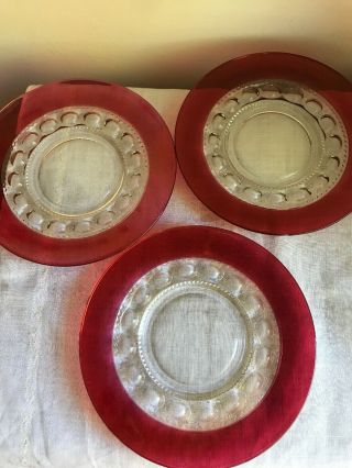 Three Kings Crown Thumbprint Ruby Red Flash 8 3/8 " Salad Plates Indiana Glass