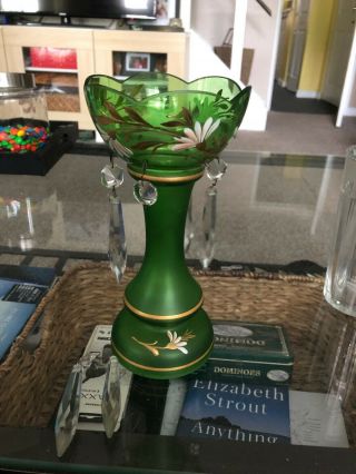 Vintage Czech Bohemian Glass Crystal Vase Painted Flowers Gold Green