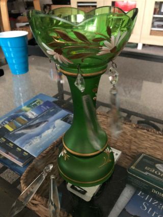 Vintage Czech Bohemian Glass Crystal vase Painted Flowers Gold Green 3