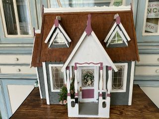 Vintage Miniature Wood Hand Painted Folk Art Cottage Dollhouse Pink Grey & White