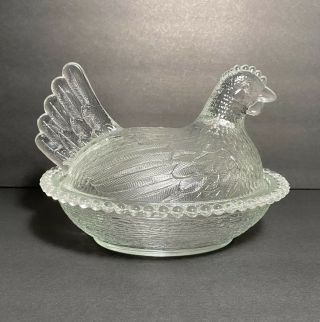 Vintage Indiana Glass Hen On Nest Clear Large Glass Chicken Hobnail Candy Dish
