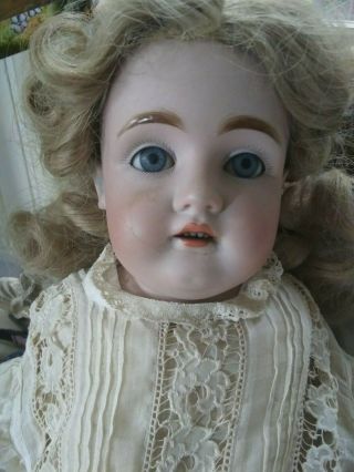Antique Bisque Doll Kid Body Lace Dress Blue Glass Eyes