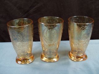 Set Of 3 Jeannette Floragold Louisa Marigold Iridescent Glass Footed Tumblers 5 "