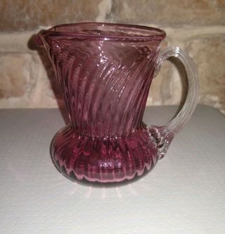 Hand Blown Amethyst Purple Crackle Glass Mini Pitcher With Clear Handle Vintage