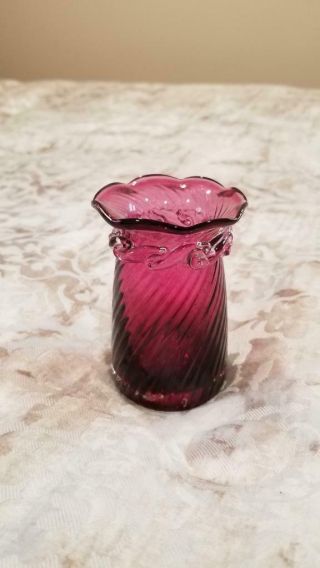 Vintage 3 1/2 " Pilgrim Optic Swirl Cranberry Glass Vase W/ Rigaree & Ruffle Rim