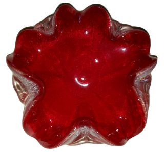 Vintage Murano Italy Art Glass Ash Tray Bowl Red Silver Flecks Ruffled