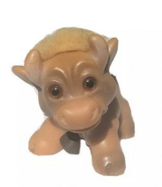 Vintage Cow Animal Troll Doll 3”with Bell Amber Eyes And Short Blonde Curly Hair
