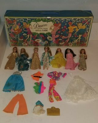 7 Topper Dawn Dolls With Case & Clothes 1970