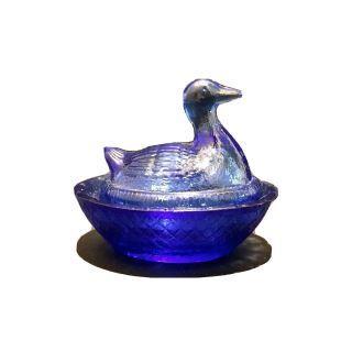 Cobalt Blue Glass Small Duck On The Nest Covered Salt Dip Cellar 2.  5” L