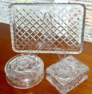 Vintage Diamond Cut Crystal Tray & 2 Lidded Containers Lovely Pinwheel Cut