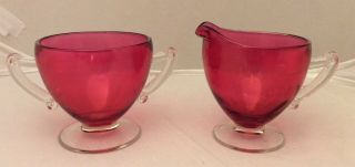 Vintage Cranberry Glass Cream And Sugar Serving Glassware