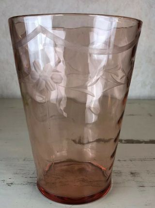 Vintage Large Floral Pattern Pink Etched Depression Glass Vase 8 " Optic Circles