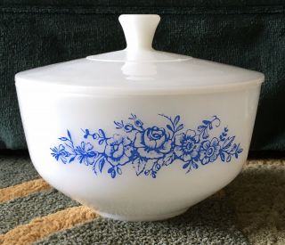 Federal White Milk Glass Blue Flowered Casserole Dish,  Large Bowl With Lid
