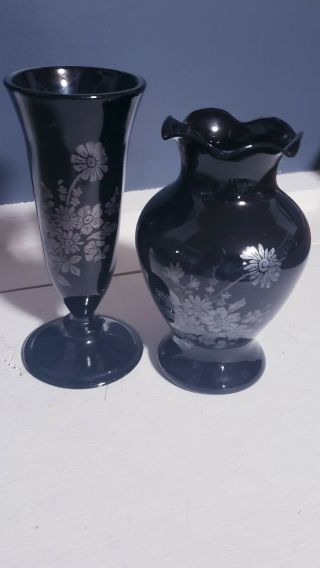 2 - Vintage Black Amethyst Purple Glass Bud Vases With Silver Flowers