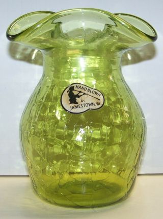 Vintage Jamestown,  Va Hand Blown Green Crackle Glass Ruffled 5 1/2 " Vase
