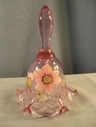 Fenton Hand Painted Pink Glass Bell W/ Pink Floral Design 6 1/2 " Tall