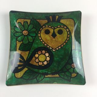 Vintage Mid - Century Modern Owl Square Glass Dish Bowl Signed Good - Art,  Inc.