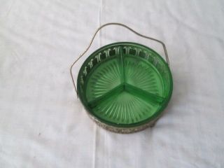 Vaseline Uranium Green Depression Glass Divided Candy Dish Silver Plated Metal C
