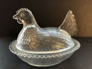 Indiana Glass Clear Vintage Hen On Nest Covered Candy Dish Candlewick Rim