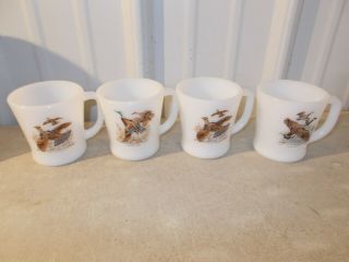 Set Of 4 Vintage Fire King Game Bird Coffee Cups Mugs Oven Ware White Milk Glass