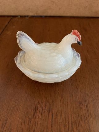 Vintage Vallerysthal Mini Hen On Nest Dish Opaline White Milk Glass Salt Cellar