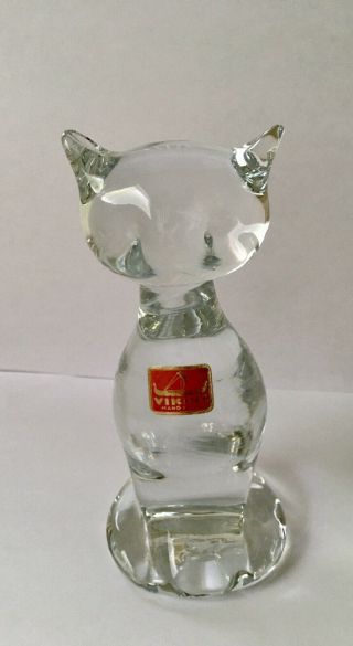 Vintage Viking Clear Art Glass Cat 5.  5” Figurine Paperweight W/ Sticker