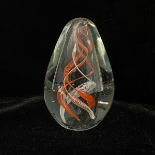 Vtg.  Art Glass Clear Paperweight W/ Orange & White Spirals