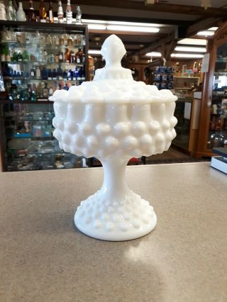 Fenton White Milk Glass Hobnail Pedestal Compote Candy Dish & Lid