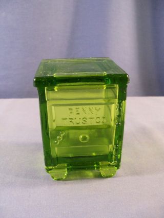 Westmoreland Green Glass Penny Trust Co.  Floor Safe Shaped Candy Container