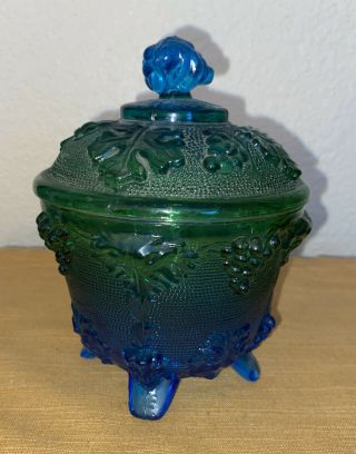 Vintage Blue Green Carnival Footed Candy Dish With Lid Top Grapes Leaves 6x3x4