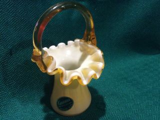 Vtg Kanawha Art Glass Yellow Milk Glass Crimped Handled Basket