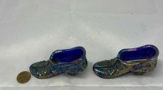 2 Joe St Clair Glass Carnival Cobalt Blue Figural Shoes 3.  25 Long