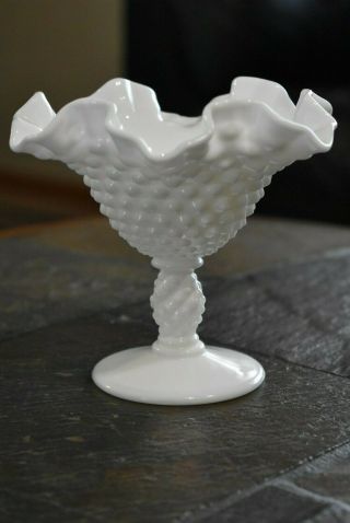 Vintage Fenton Hobnail Milk Glass Compote Pedestal Candy Dish Ruffled Edge
