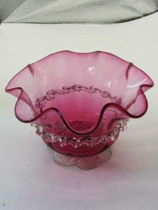 Vintage Rose Cranberry Hand Blown Glass Ruffled Edge Petal Footed Bowl Dish