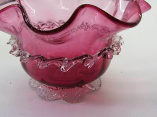 Vintage Rose Cranberry Hand Blown Glass Ruffled Edge Petal Footed Bowl Dish 3