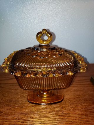 Vintage Amber Footed Candy Dish With Lid
