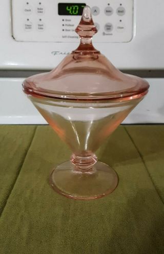 Vintage Pink Depression Glass Footed Candy Dish Bowl With Lid
