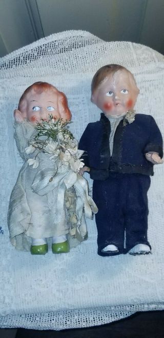 Antique Bisque Bride And Groom Dolls Bride Marked Germany 7 3/4 " & 6 3/4 "