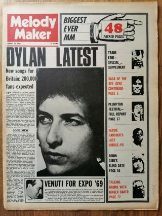 Melody Maker Newspaper August 15th 1969 Bob Dylan Cover