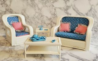 Vintage Barbie Dream House White Wicker Furniture Set W/cushions 1983 Mattel Htf