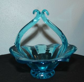 Vintage Fenton Blue Glass Basket Bowl W/ Handle Scallop Rim