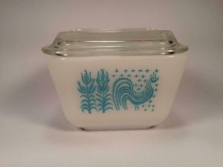Vintage Pyrex Turquoise On White Butterprint Refrigerator Dish With Lid 4 " X 3 "
