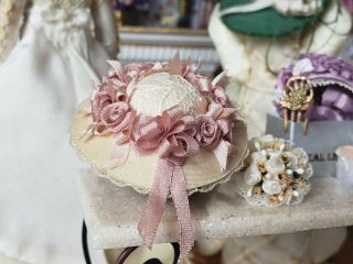 Dollhouse Miniature Artisan Antique Style Ladies Pink Ribbon Flower Hat 1:12
