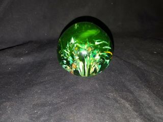 Vintage Green Art Glass Hand Blown 3 Flowers Sphere Paperweight Made India