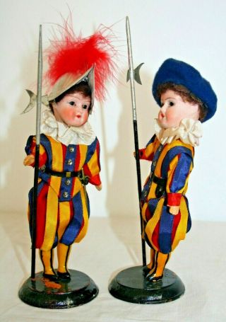 6.  5 " Antique Pair Bisque Vatican Soldiers All From Rome Italy On Stands
