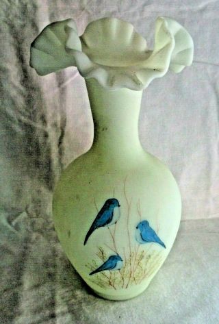 Fenton Glass Custard Vase With Blue Birds Hand Painted By Rambey