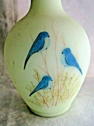 FENTON GLASS CUSTARD VASE WITH BLUE BIRDS HAND PAINTED BY RAMBEY 2